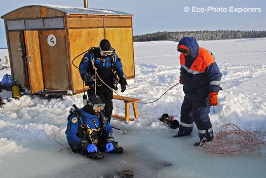 authors prepare to enter the ice hole